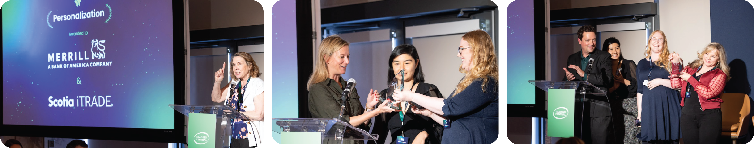 Theresa Carey presenting the Personalization Awards to Merrill Edge and ScotiaiTrade' person accepting award and people clapping